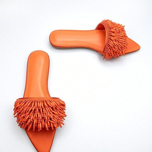 Orange Funky Women's Bead Embroidery Decorated Fabric Flat Comfortable Sandals - Picture 4 of 4